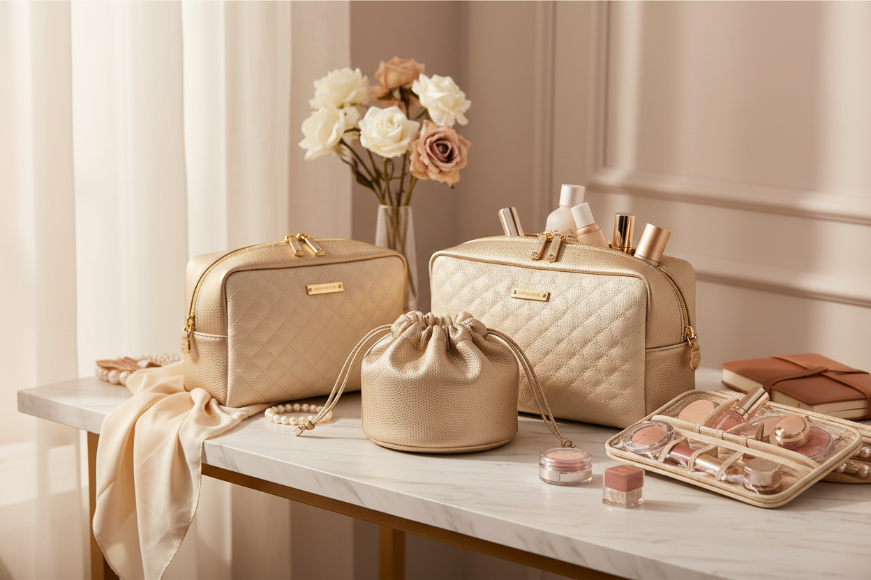 Trousses de toilette et organisateurs de maquillage de voyage premium Troussé & Co en cuir avec détails dorés sur comptoir en marbre
